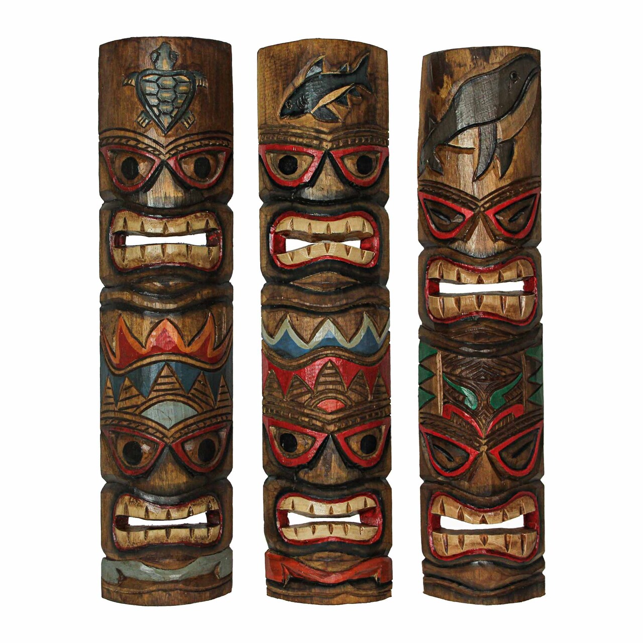 Set of 3 Double Tiki Mask Ocean Totem Hand Carved Wall Decor Sculpture 24 Inch